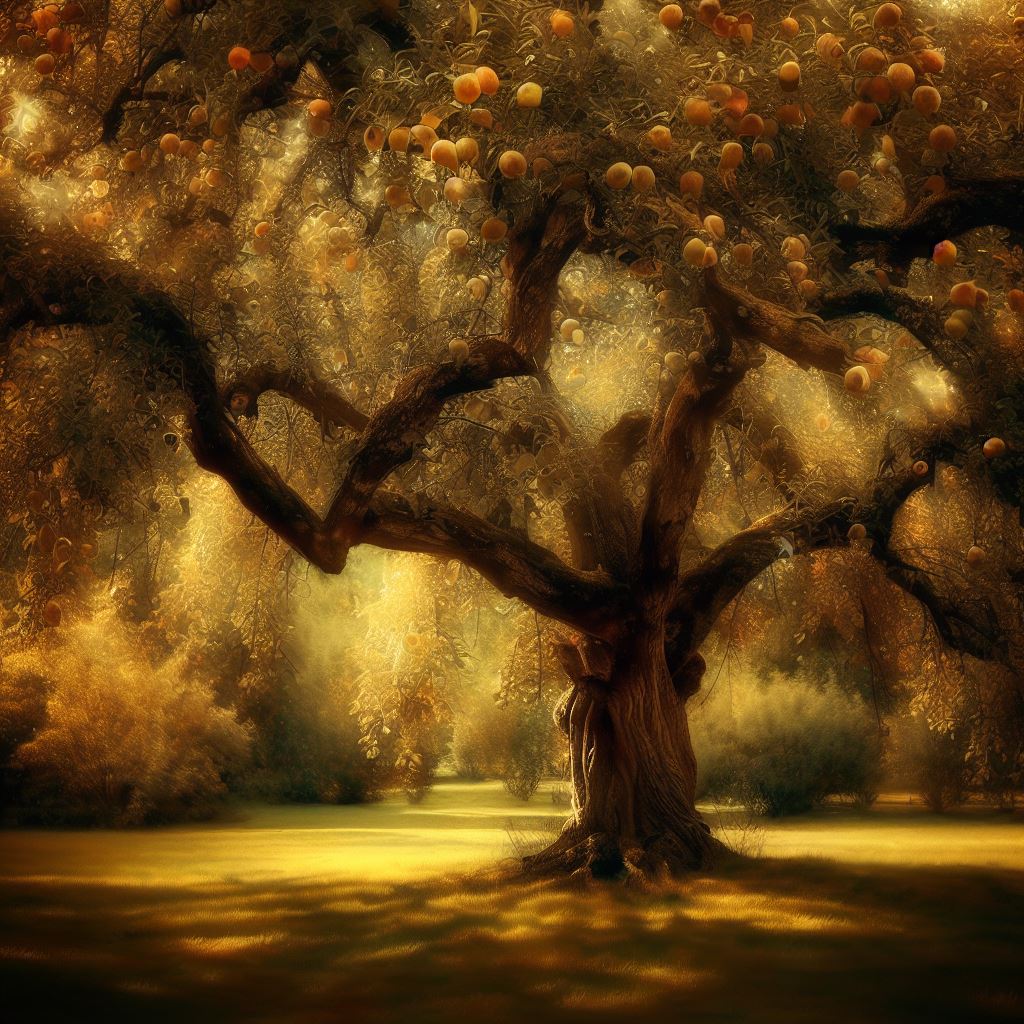 A majestic apple tree with a canopy of golden apples