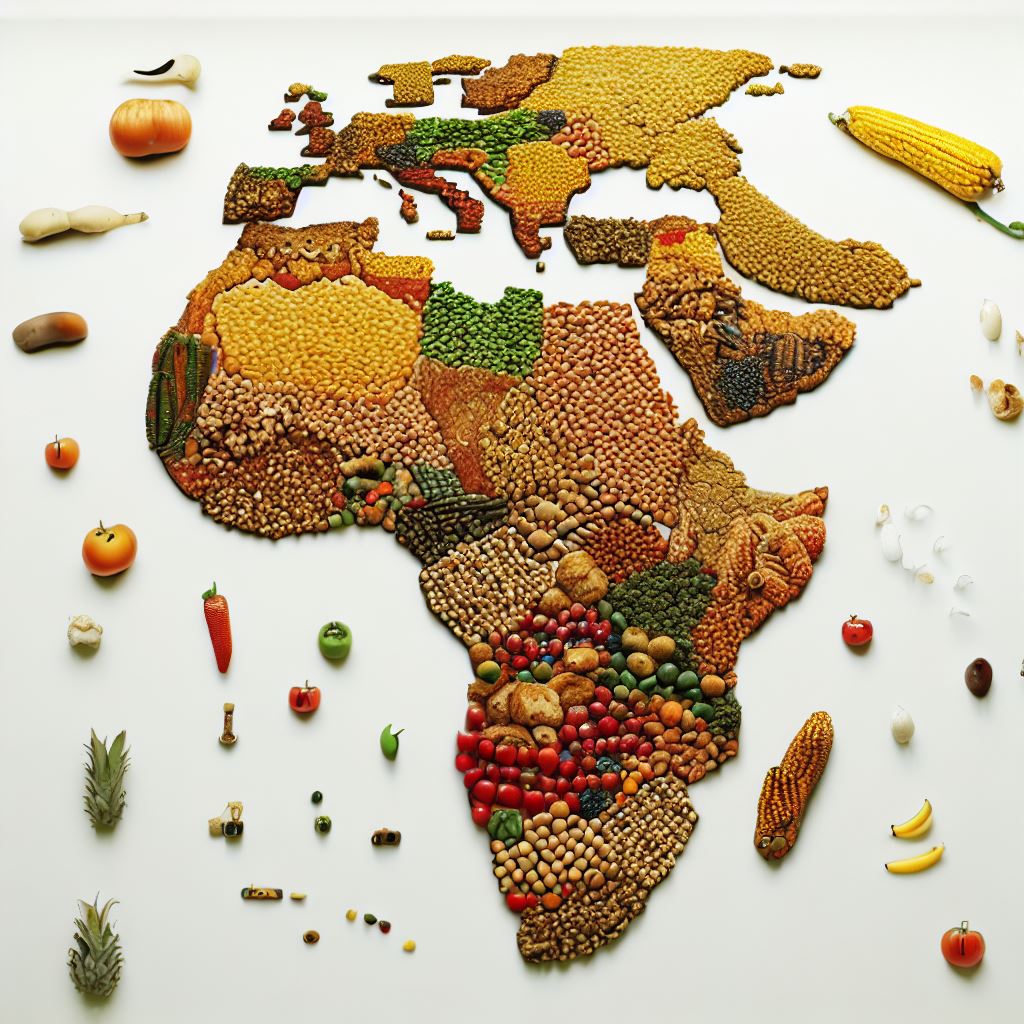 Visualize a world map made entirely of food items native to each continent.