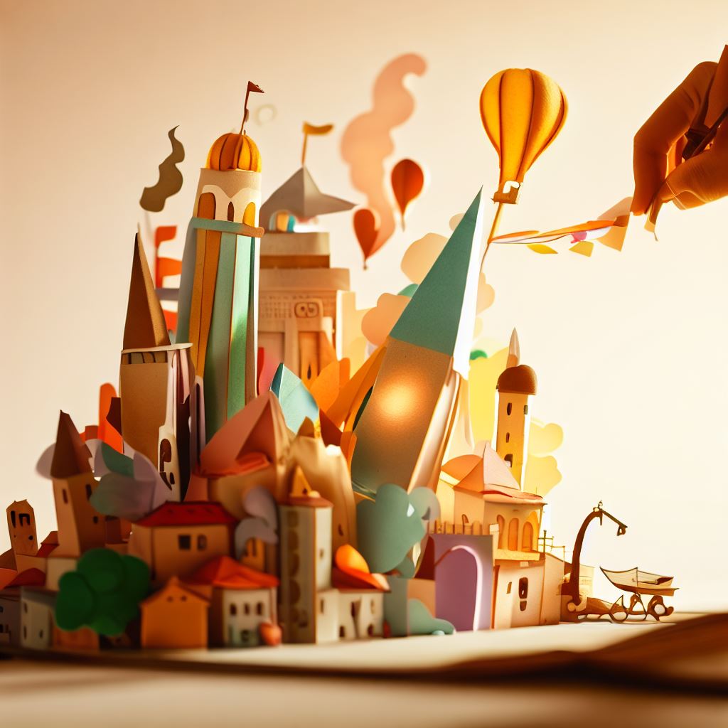 Explore the creative potential of arts and crafts by visualizing a whimsical, hand-drawn cityscape made entirely from paper and other repurposed materials.