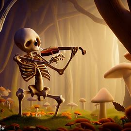 Create a whimsical scene featuring a giant humerus bone playing the violin in a forest of mushrooms.. Image 4 of 4