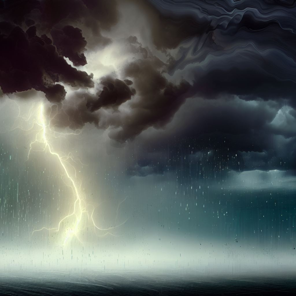 Create an imaginative depiction of the current weather conditions, showing rain and lightning on a dark, stormy night