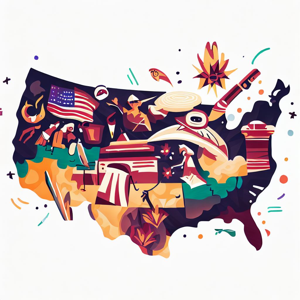 Design a stylized and memorable illustration showing the different US States and their unique cultural components.