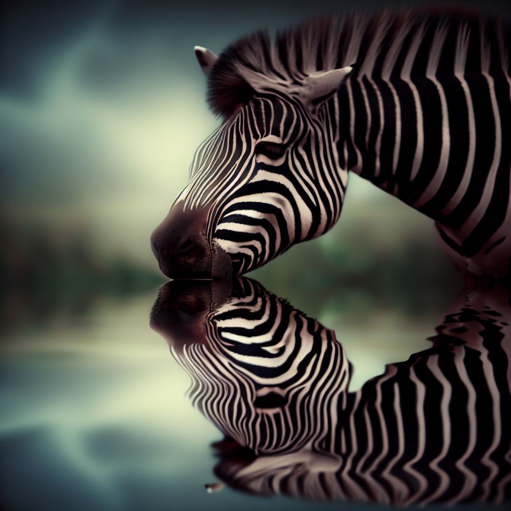 A love-struck zebra gazing at its reflection in a calm pond.。第 3 个图像，共 4 个图像
