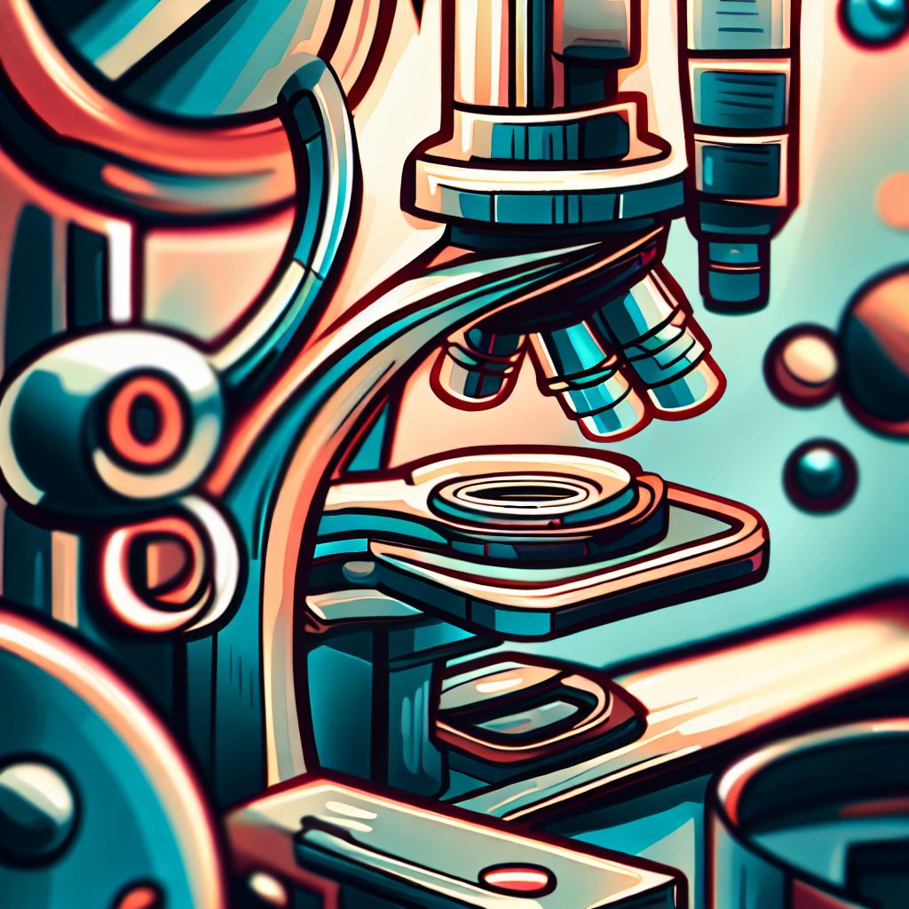 Illustrate microscopic parts of a scientific laboratory microscope in a stylized and visually appealing manner.