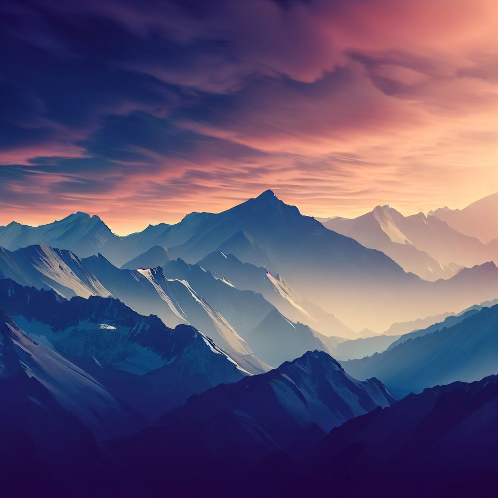 Imagine a grand and majestic mountain range with crisp, snow-capped peaks and a stunning sunset, perfect for an HD wallpaper.