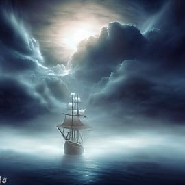 Create a stunning and ethereal image of a majestic ship sailing on a cloudy sea with the moon shining through the clouds.. Image 4 of 4