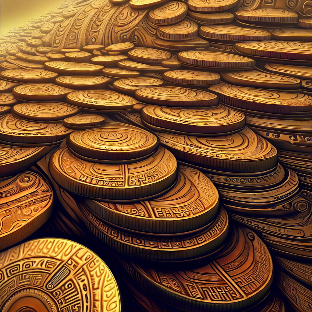 Create an image of a giant stack of gold coins with intricate designs and patterns.。第 2 个图像，共 4 个图像