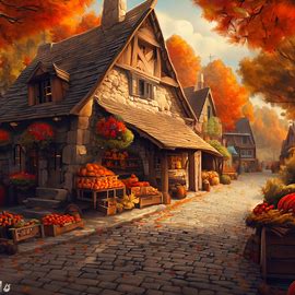 Picture an autumn village with stone cottages, cobblestone streets, and a quaint market full of fall produce.. Image 1 of 4