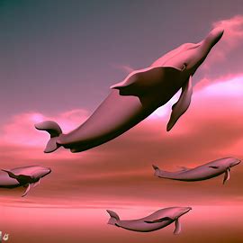 Generate an image of a group of rose-colored flying whales in front of a rose-colored sky.. Image 2 of 4