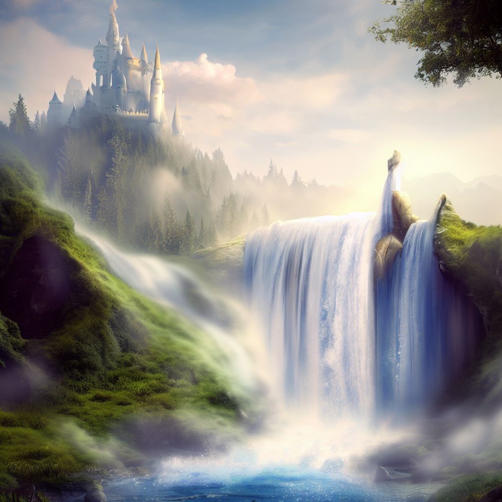 Create a majestic waterfall with a fairy castle in the background
