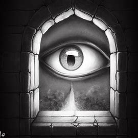 Draw an image of a eye looking out of a castle window.. Image 4 of 4