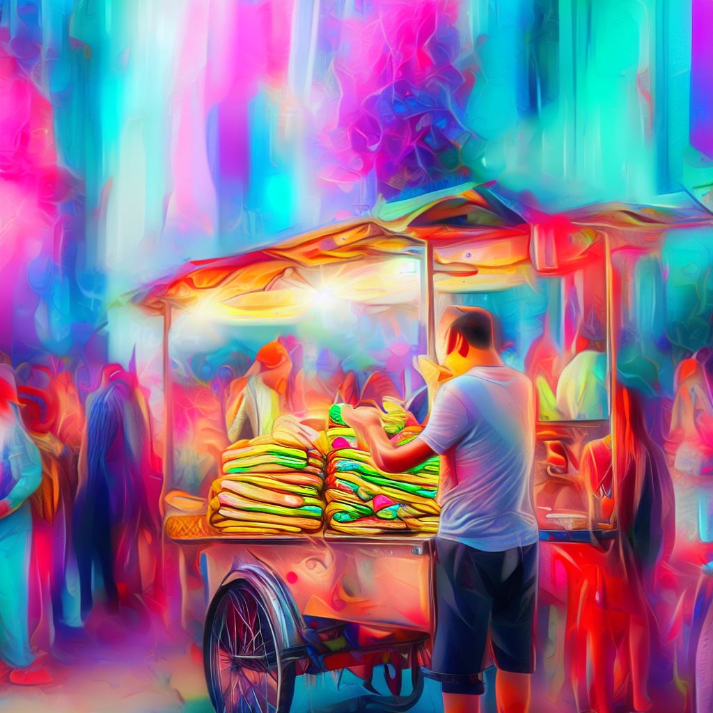 Create a colorful and vibrant scene of a bustling street food street vendor selling delicious spring rolls to a hungry crowd.。第 3 个图像，共 4 个图像