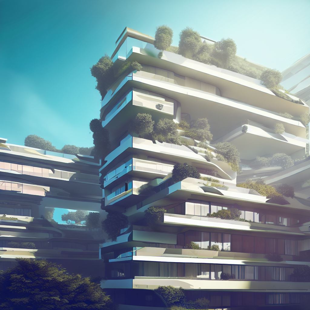 Imagine a futuristic apartment building with sleek, modern design and an abundance of greenery on its balconies.