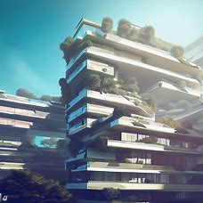 Imagine a futuristic apartment building with sleek, modern design and an abundance of greenery on its balconies.