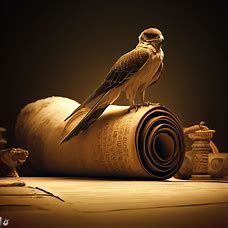 Picture a falcon perched atop a roll of parchment, surrounded by ancient Egyptian artifacts.