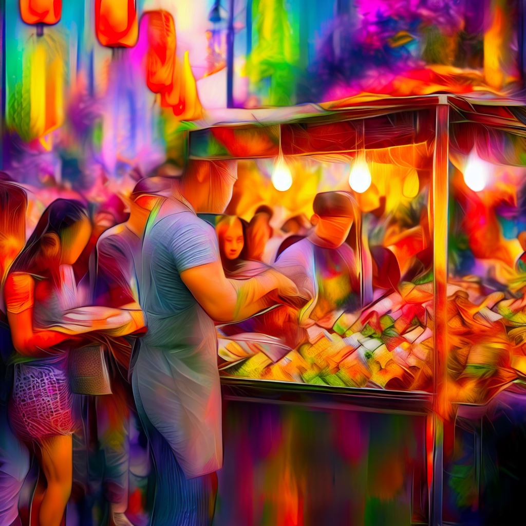 Create a colorful and vibrant scene of a bustling street food street vendor selling delicious spring rolls to a hungry crowd.。第 4 个图像，共 4 个图像