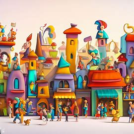Create a whimsical depiction of a bustling street filled with colorful buildings and characters.. Image 3 of 4