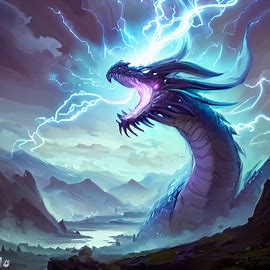 Draw a fantasy landscape featuring a majestic dragon breathing lightning.. Image 2 of 4