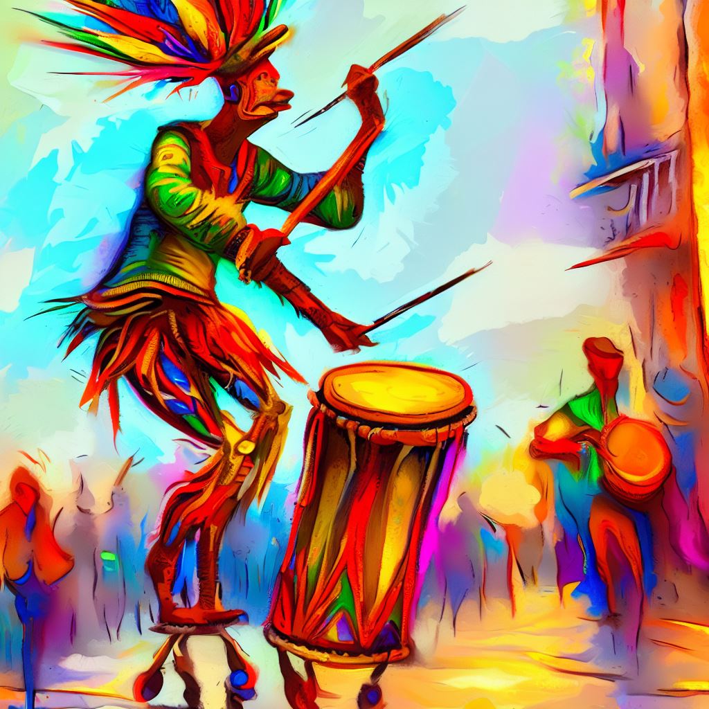 Depict a vibrant and colorful illustration of a stilt-walking percussionist, playfully drumming on the street to the delight of onlookers