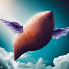 Create an image of a giant sweet potato flying through the sky with wings like a bird.