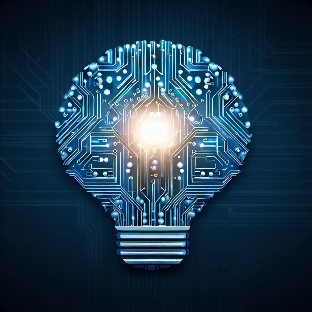 Create an image of an AI circuit board with a lightbulb forming the shape of a brain.