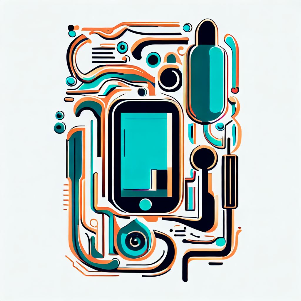 Create an abstract design using various phone components like the circuit board, battery, and microphone.