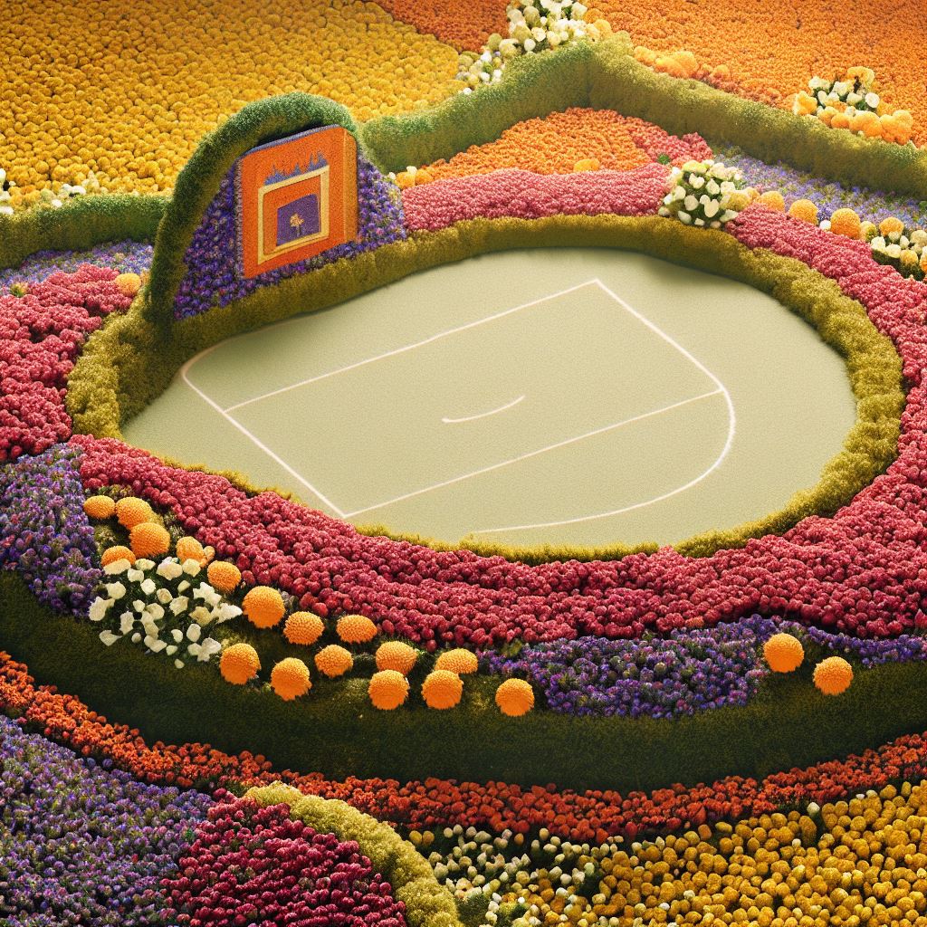 Create a whimsical design of a basketball court made completely out of flowers.