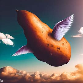 Create an image of a giant sweet potato flying through the sky with wings like a bird.. Image 4 of 4