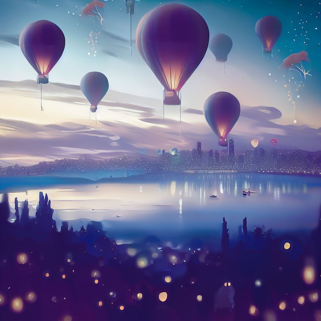 Create a dreamy and whimsical illustration of Seattle at twilight, with floating hot air balloons in the foreground.
