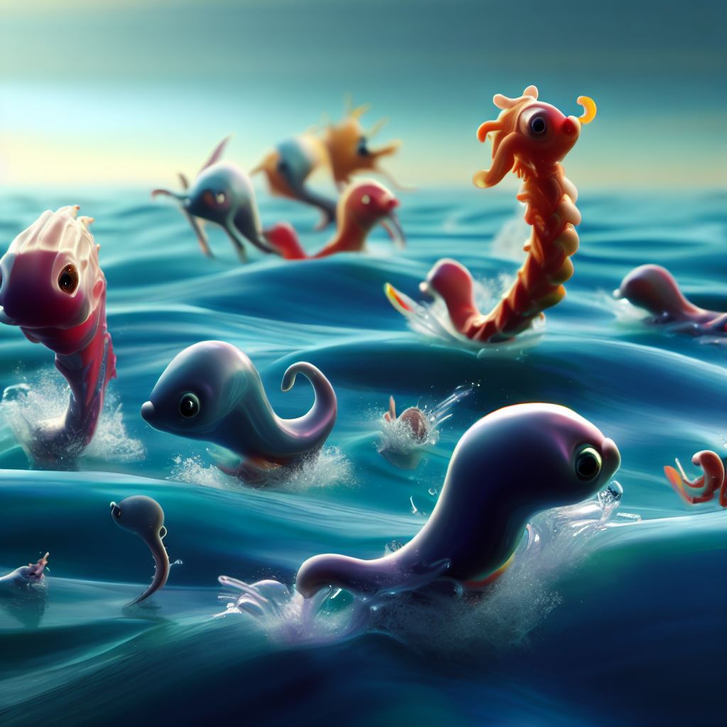 magine a group of sea creatures having a swim race。第 3 个图像，共 4 个图像