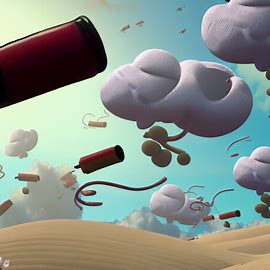 Create a surreal landscape filled with wine-filled clouds, floating corks and vines twisting into the sky.. Image 2 of 4