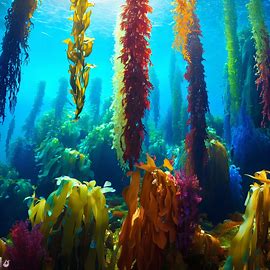 Create a vibrant underwater garden with a variety of colorful kelp plants cascading down from their anchors at the top of a lush reef.. Image 4 of 4