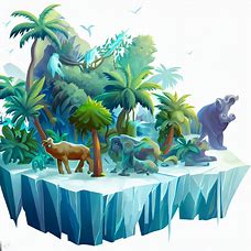 Illustrate a jungle island made entirely of ice with animals frozen in time.