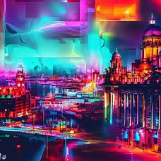 Make a surreal collage of Liverpool at night, featuring the city lit up with neon and other vibrant colors.