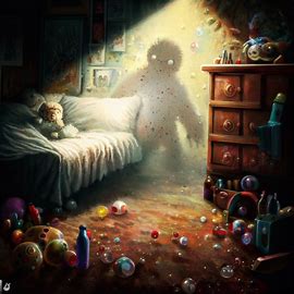 An artistic depiction of a child's room with toys lying around and a bubbly, infectious measles monster lurking in the shadows. Image 1 of 4