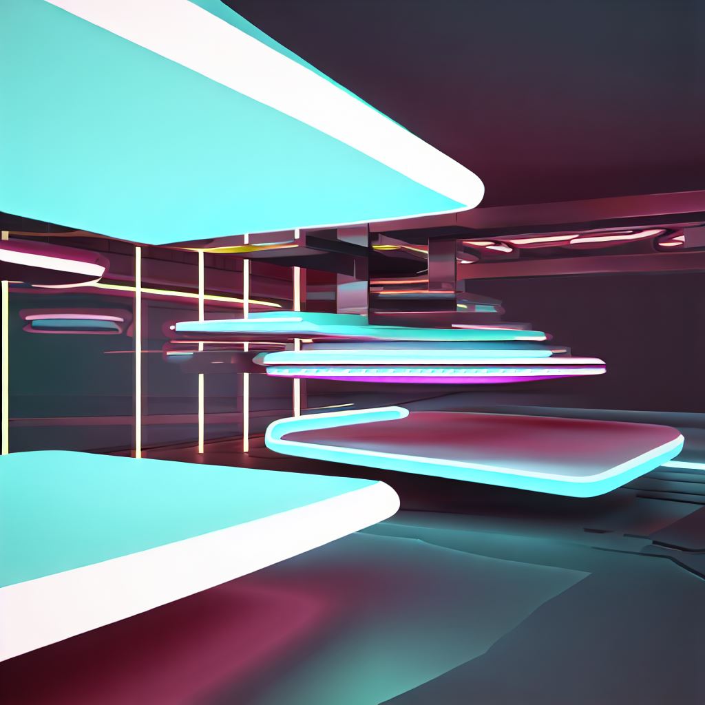 Create an abstract, futuristic restaurant with floating tables and neon lights.。第 2 个图像，共 4 个图像