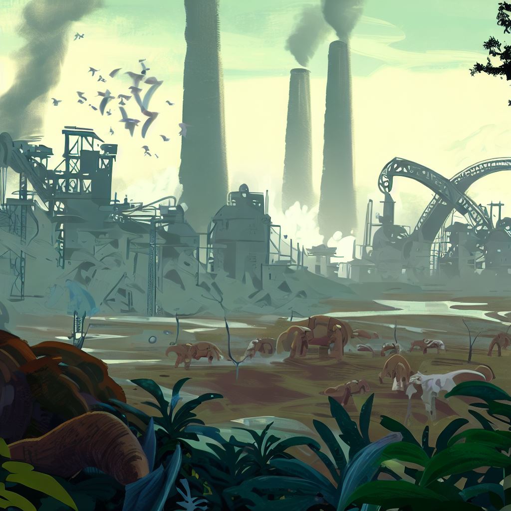 Illustrate a once thriving ecosystem now overrun by factories and machinery, demonstrating the destructive impact of deforestation on the natural world.