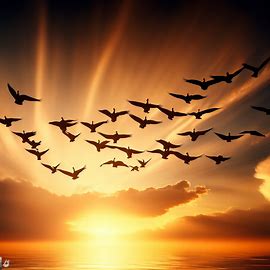 Display an image of a majestic flock of geese flying in formation during sunset.. Image 4 of 4