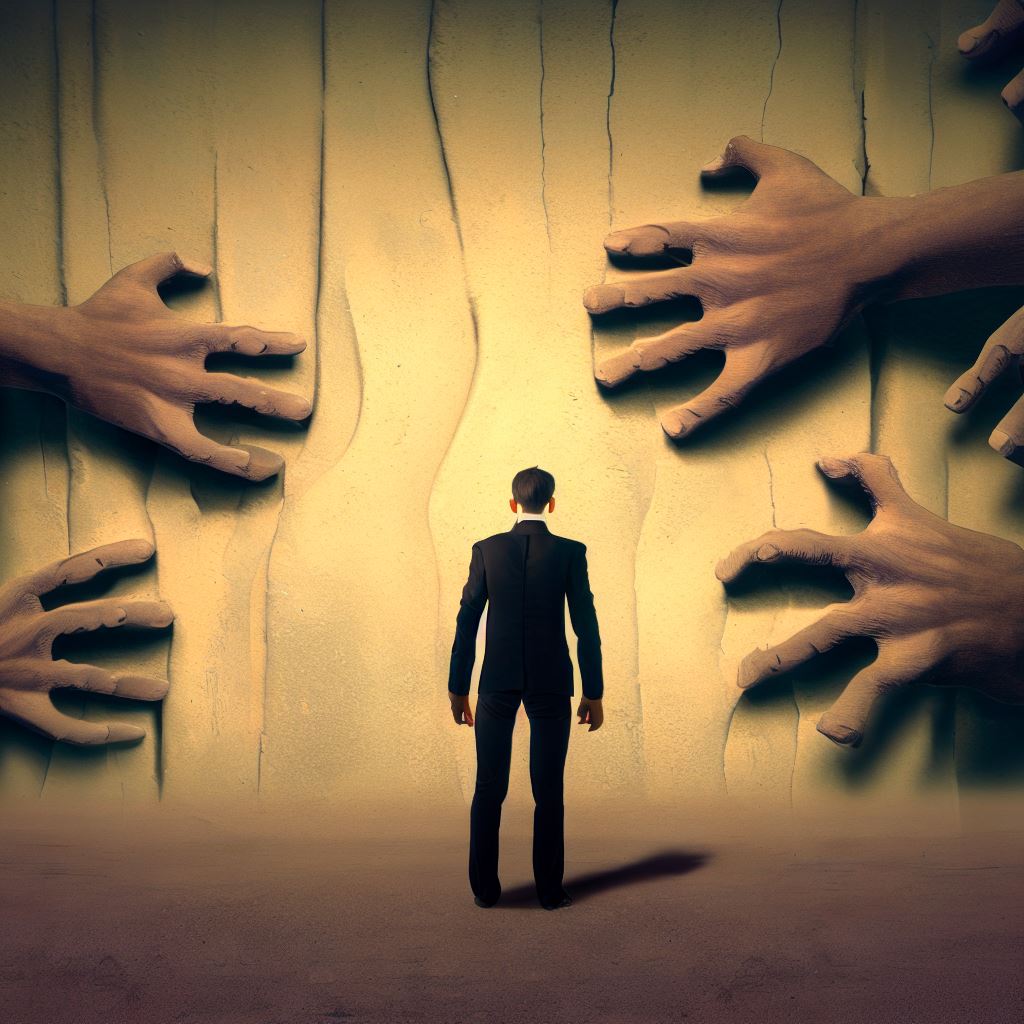 Create a surreal image of a person standing in front of a wall which is built by hands, symbolizing the human right to build and work.