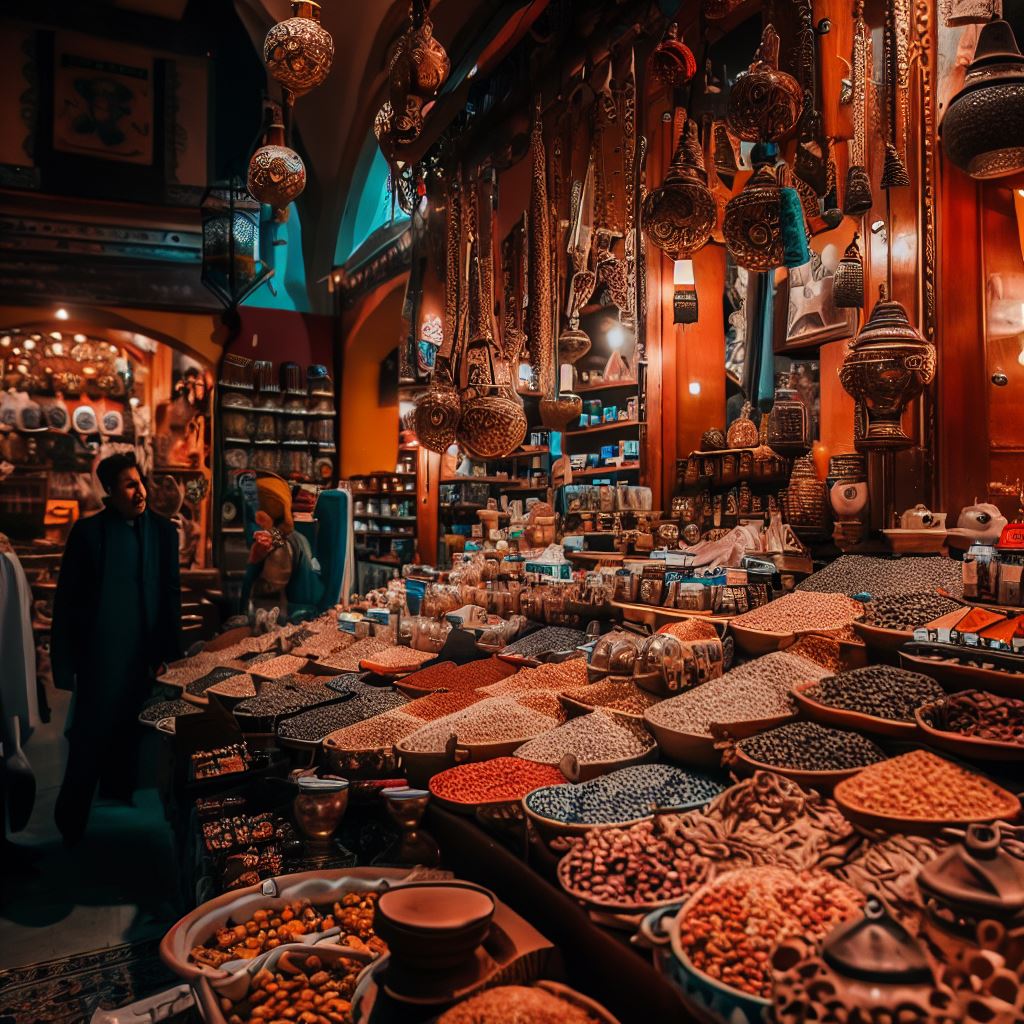A vibrant local market scene filled with exotic spices, craftsmanship, and unique products。第 3 个图像，共 4 个图像
