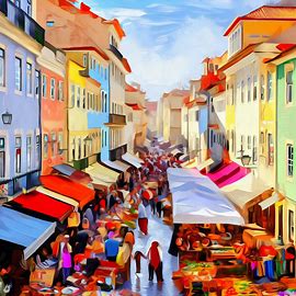 Paint a picture of Lisbon's bright and bustling street markets, packed with vendors selling everything from fresh seafood to handmade trinkets.. Image 2 of 4