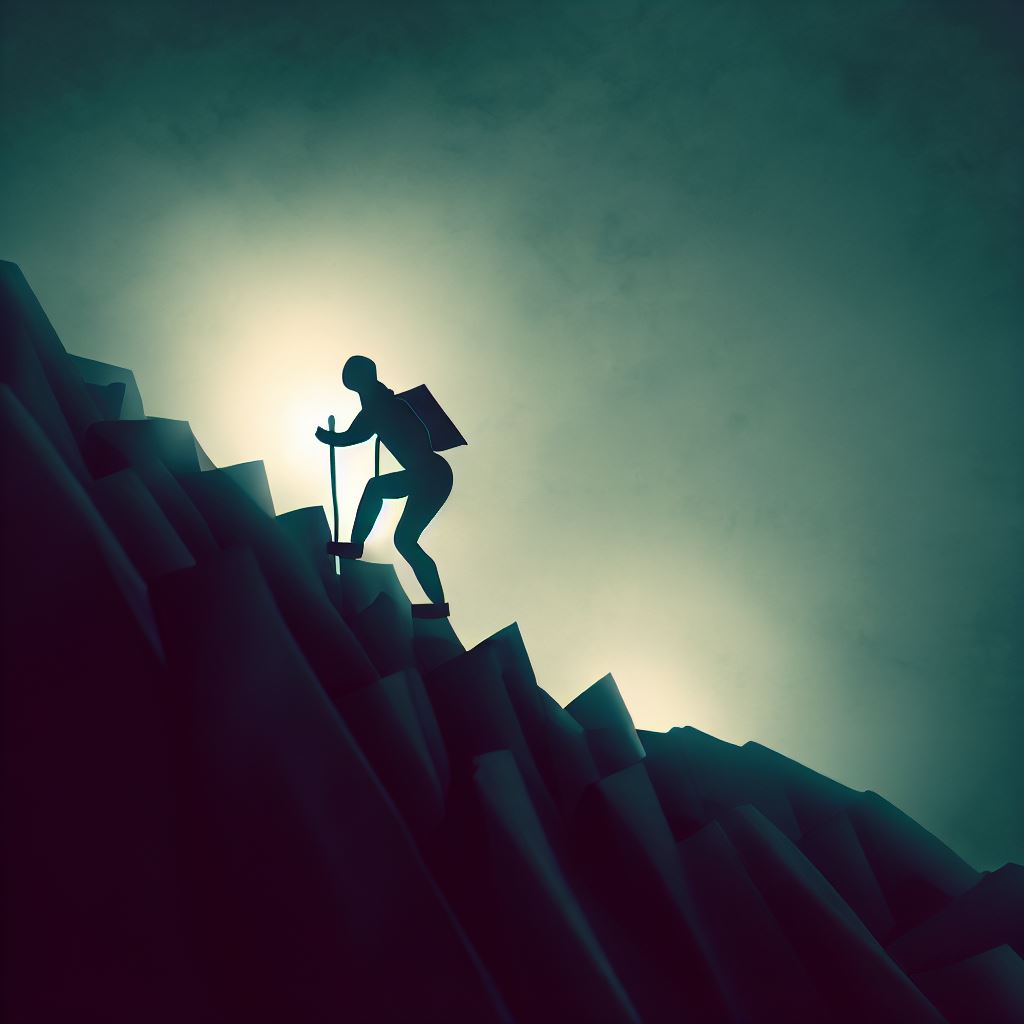 Create an image of a person ascenting a steep mountain, symbolizing the struggle and perseverance it takes to reach the top
