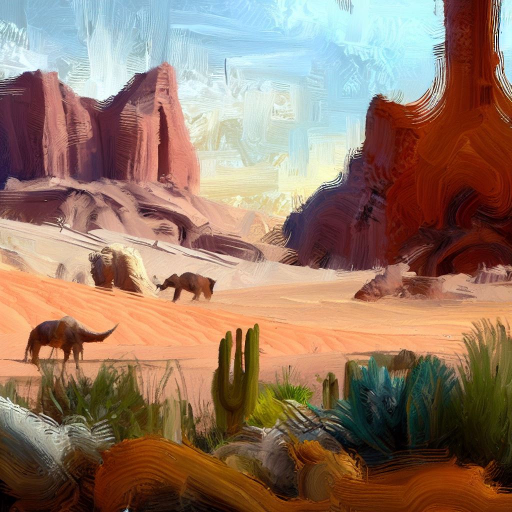 Paint an image of a thriving and thriving desert ecosystem, where ancient deserts converge with towering red rock formations and cryptic animal species roam the sand dunes.
