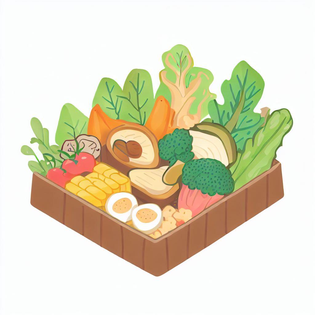 Illustrate a tasty and healthy bento box filled with various plant-based items.