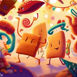 Illustrate a scene where different snacks dance together in a lively and festive party atmosphere.. Image 3 of 4