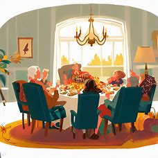 Illustrate a cozy and inviting scene of a family settling into their comfortable chairs around a beautifully set table for Thanksgiving dinner.