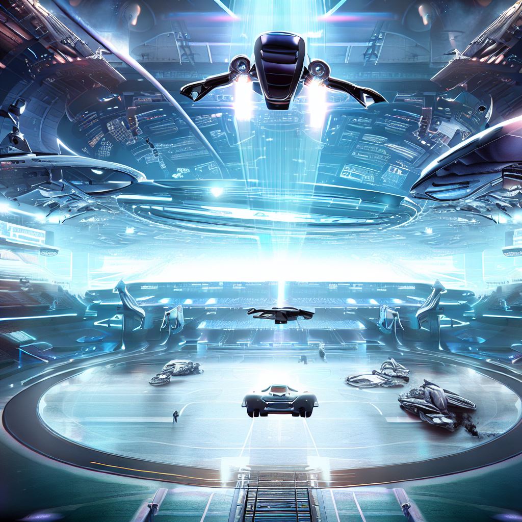 Create an image of a futuristic sports arena filled with high-tech gadgets and sleek design, with flying vehicles soaring above.