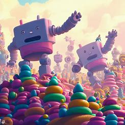 Construct an imaginative world where joyful, round robots jump, dance and play amongst a landscape of towering piles of delightful, sugary treats.