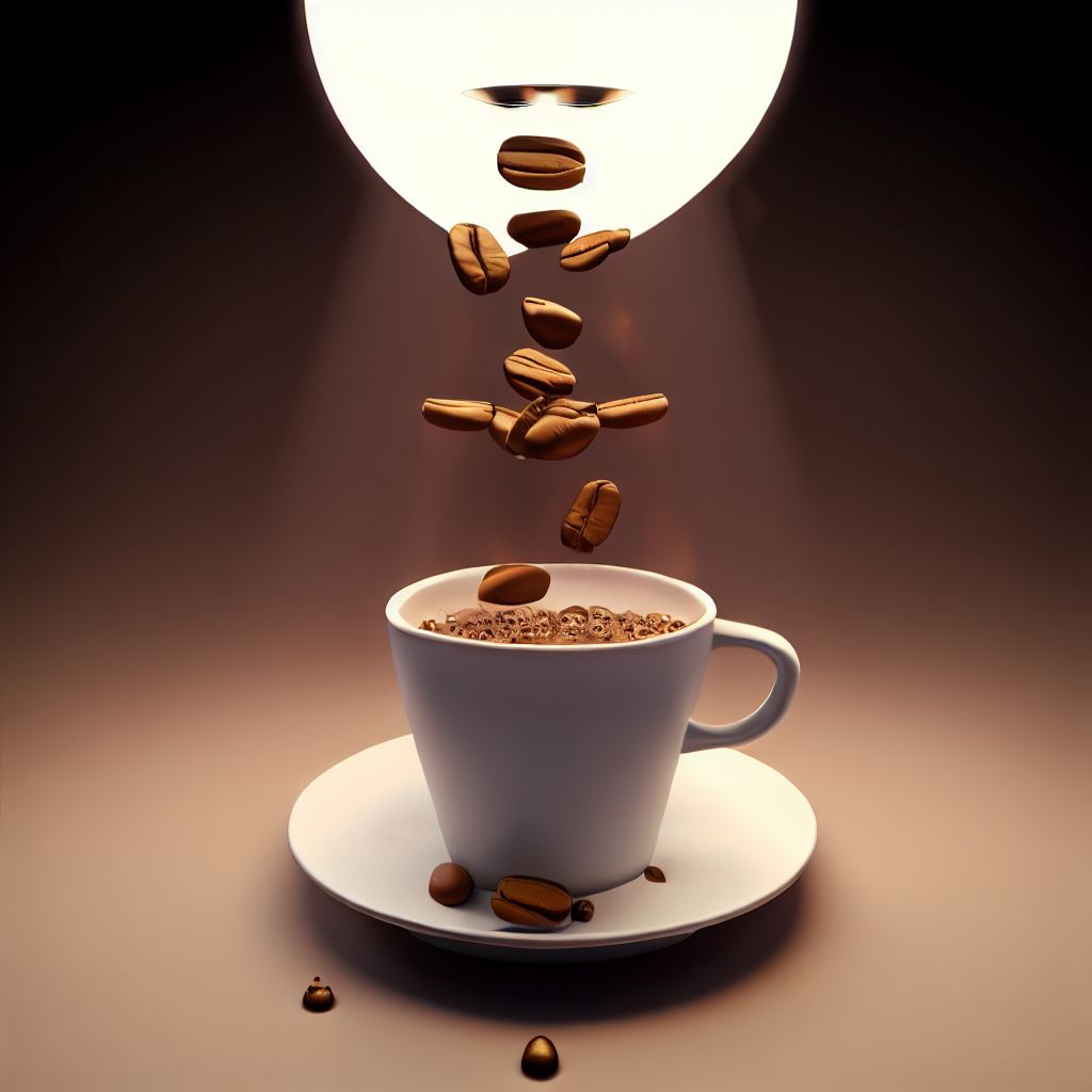Render a visual representation of the process of making a cup of coffee, starting from the beans and ending with a filled cup.
