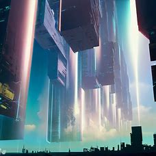 Design a futuristic cityscape where towering images project into the sky.